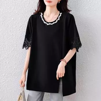 Dimanaf 2025 Лето Женские футболки больших размеров Кружевные вставки Элегантные топы с коротким рукавом Футболки Свободная рубашка M чёрный