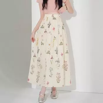 DIMANAF 2025 Лето Женские Новые Юбки Эластичные Элегантные Цветочные Плиссированные Юбки С Завышенной Талией One Size бежевый