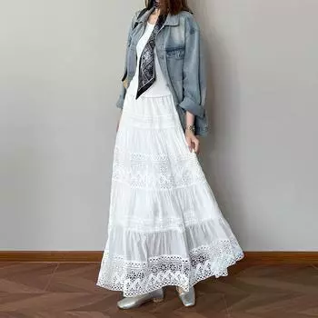 DIMANAF 2025 Лето Женские Новые Юбки Кружево Цветок Винтаж Эластичные Плиссированные Элегантные Белые Юбки Кружево Высокая Талия One Size белый