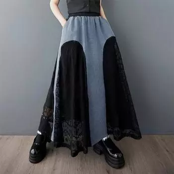 Dimanaf 2025 Лето Женские Новые Юбки Плюс Размер Эластичный Пояс Джинсовые Сращенные Оверсайз Свободные Юбки One Size чёрный