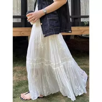 DIMANAF 2025 Лето Женские Новые Юбки Шифон Кружево Однотонные Эластичная Талия Плиссированная Сетка Элегантные Юбки One Size белый