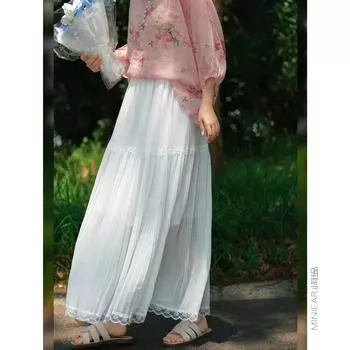 DIMANAF 2025 Лето Женские Новые Юбки Шифон Однотонные Кружевные Плиссированные Эластичная Талия Сетка Элегантные Юбки One size белый