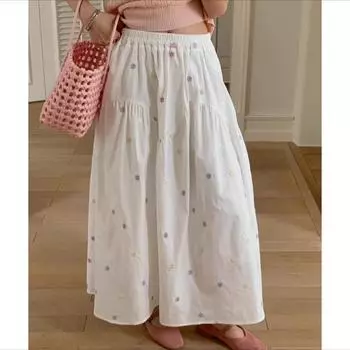 DIMANAF 2025 Лето Женские Новые Юбки Винтажная Вышивка Эластичные Плиссированные Элегантные Белые Длинные Юбки Кружево Высокая Талия One Size белый
