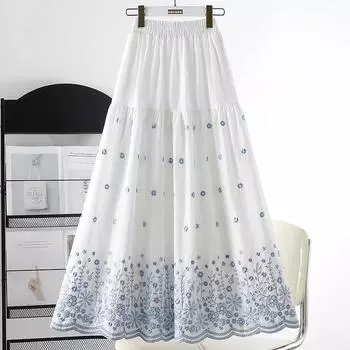 DIMANAF 2025 Лето Женские Новые Юбки Винтажная Вышивка Эластичные Плиссированные Элегантные Белые Длинные Юбки Кружево Высокая Талия One Size синий