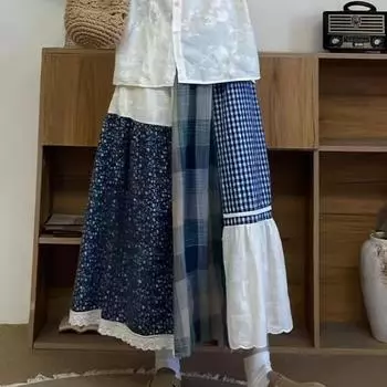 DIMANAF 2025 Лето Женские Новые Льняные Клетчатые Юбки Эластичные Элегантные Цветочные Плиссированные Юбки Высокая Талия one size синий