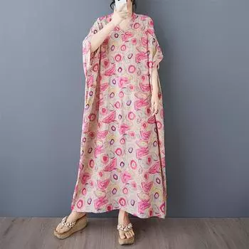 Dimanaf 2025 Лето Женский Принт Лен Большой Размер Длинное Платье Короткий Рукав Винтажный Повседневный V-образный Вырез Базовое Свободное Платье One Size розовый