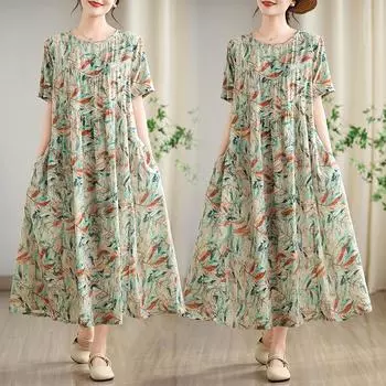 Dimanaf 2025 Лето Женское Длинное Платье Больших Размеров Базовое Оверсайз Винтажный Лист Принт Повседневное Свободное Платье Новое One Size зелёный
