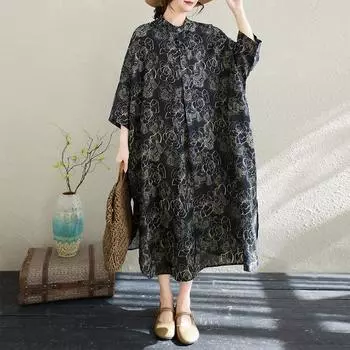 Dimanaf 2025 Лето Женское Длинное Платье-рубашка Больших Размеров Базовое Оверсайз Винтажное Цветочное Повседневное Свободное Платье Новое One Size чёрный