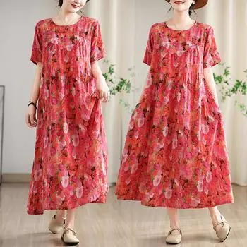 DIMANAF 2025 Лето Женское Длинное Платье Больших Размеров Базовое Оверсайз Винтаж Цветочный Принт Повседневное Свободное Платье Новое One Size красный