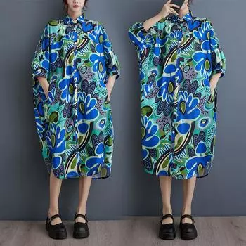 DIMANAF 2025 Лето Женское Длинное Платье-рубашка Большого Размера Свободного Покроя Винтаж Базовые Пуговицы С Принтом Повседневное Свободное Платье One Size синий