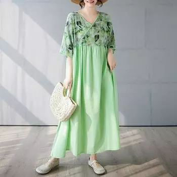 Dimanaf 2025 Лето Женское Новое Платье Больших Размеров Сращивание Базовое Повседневное Свободное Длинное Винтажное Плиссированное Платье Макси с V-образным Вырезом One Size зелёный