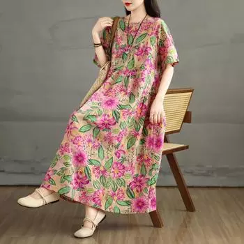 Dimanaf 2025 Лето Женское Платье Больших Размеров Цветочное Платье Элегантное Льняное Базовое Повседневное Свободное Винтажное Платье Макси L розовый