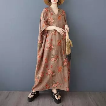 Dimanaf 2025 Лето Женское Платье Большого Размера Длинное Льняное Платье с Цветочным Принтом Короткий Рукав Винтажное Повседневное V-образный Вырез Базовое Свободное Платье One Size коричневый