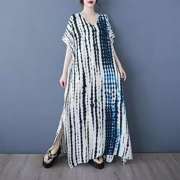 Dimanaf 2025 Лето Женское Платье Больших Размеров Платье с Принтом Базовое Винтажное Повседневное Свободное Льняное Макси V-образным Вырезом XL синий