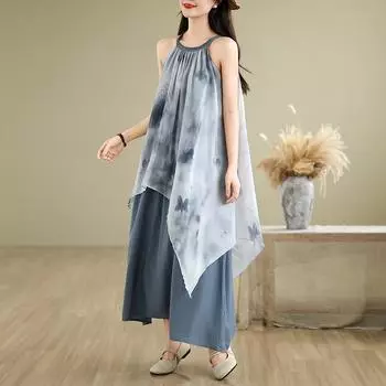 Dimanaf 2025 Лето Женское Платье Больших Размеров Платье с Принтом Без Рукавов Базовое Винтажное Повседневное Свободное Макси Платье One Size серый