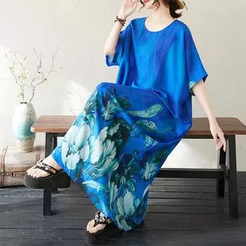 DIMANAF 2025 Лето Женское Платье Большого Размера Свободное Пляжное Базовое Повседневное Длинное Платье Винтажное Цветочное Праздничное Платье One Size синий