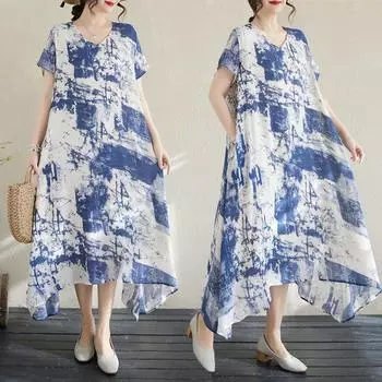 Dimanaf 2025 Лето Женское Платье Плюс Размера Винтажное Платье С Принтом Базовое Повседневное Свободное Льняное Макси с V-образным Вырезом M синий