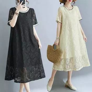 Dimanaf 2025 Лето Женское Платье Плюс Размера Винтаж Длинное Базовое Кружевное Цветочное Повседневное Свободное Платье Новое M чёрный