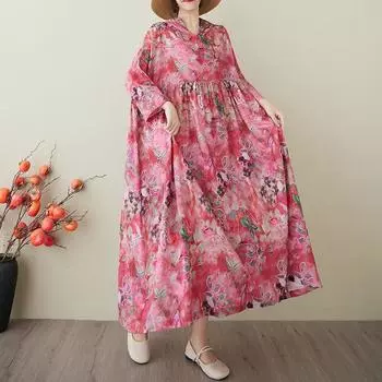 DIMANAF 2025 Лето Женское Плюс Размер Базовое Платье С Капюшоном Плиссированное Повседневное Длинное Свободное Винтажное Цветочное Платье Макси One size