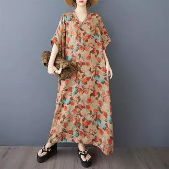 Dimanaf 2025 Лето Женское Принт Большой Размер Длинное Льняное Платье Короткий Рукав Винтажное Повседневное V-образный Вырез Базовое Свободное Платье One Size коричневый