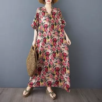 Dimanaf 2025 Лето Женское Винтажный Принт Лен Большой Размер Длинное Платье Короткий Рукав Повседневное V-образный Вырез Базовое Свободное Платье One Size красный