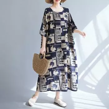 DIMANAF 2025 New Plus Size Summer Dress Women Vintage Printing Loose Casual Dress Long Soft Linen Dress Maxi One Size чёрный