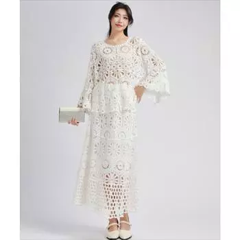 DIMANAF 2025 New Skirt Suit Women Beach Lace Bat Sexy O-Neck Hollow Summer Style Tops Tees Loose Basic one size белый