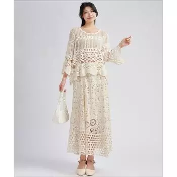 DIMANAF 2025 New Skirt Suit Women Beach Lace O-Neck Hollow Summer Style Tops Tees Loose Basic one size бежевый