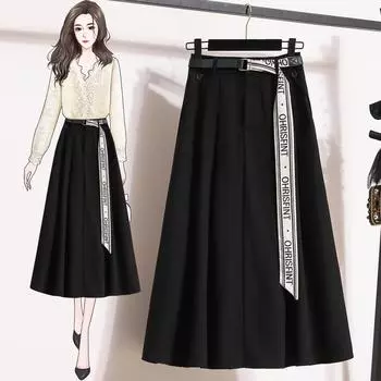 DIMANAF 2025 New Spring Summer Plus Size Women Long Skirts High Waist Vintage Elastic Elegant Pleated Skirts Loose M чёрный