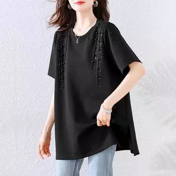 DIMANAF 2025 New Summer Plus Size T-Shirt Fashion Women O-Neck Short Sleeve Solid Loose Black Tops Tees M чёрный