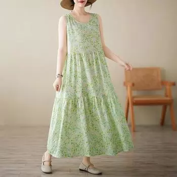 DIMANAF 2025 New Summer Women Plus Size Vintage Printing Dress Loose Basic Sundress Casual Pleated Long Dress One Size зелёный