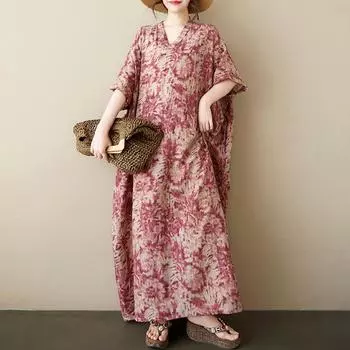 DIMANAF 2025 New Summer Women Plus Size Loose Vintage Dress Printing Short Sleeve Dress Basic Casual Long Dress One Size красный