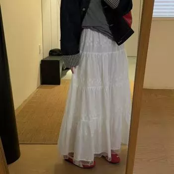 DIMANAF 2025 New Summer Women Skirts Vintage Elastic Pleated Elegant White Skirts Lace High Waist One Size белый