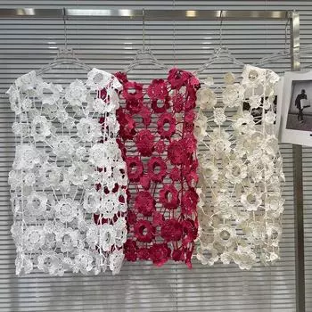 DIMANAF 2025 New T-Shirt Women Knitting Lace Vest O-Neck Hollow Summer Style Tops Tees Loose Clothing One size белый