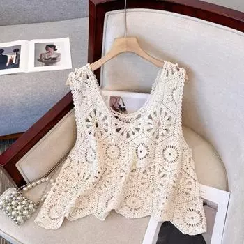 DIMANAF 2025 Новая футболка женская без рукавов вязаный кружевной жилет с круглым вырезом ажурный летний стиль базовые топы футболки свободная одежда One Size белый