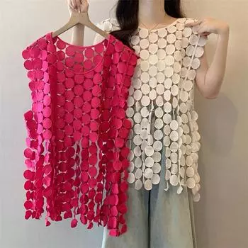 Dimanaf 2025 Новая футболка женская трикотажная кружевная жилетка без рукавов ажурный летний стиль базовые топы футболки свободный O-образный вырез One Size розовый