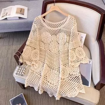 DIMANAF 2025 Новая футболка Женская Вязание Кружево Длинная Пляжная Праздничная Ажурная Летний Базовый Топ Футболка Свободная Одежда One Size бежевый