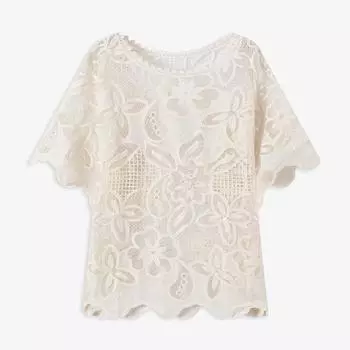 DIMANAF 2025 Новая футболка Женская Вязание Кружево Цветок Круглый вырез Ажурный Летний стиль Базовые топы Футболки Свободная одежда One Size бежевый