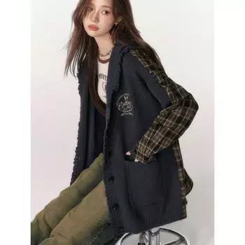 Dimanaf 2025 Новая куртка Женские свитера Клетчатое пальто Лоскутный кардиган Вязание Карманы Свитер One Size