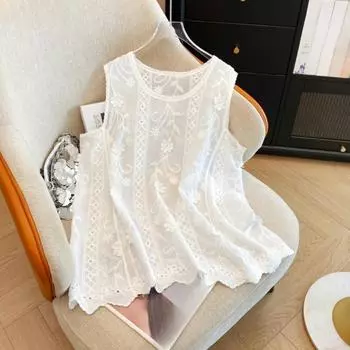 DIMANAF 2025 Новая Летняя Базовая Майка Женская Вязаная Кружевная Без Рукавов Ажурный Стиль Топы Свободного Кроя One Size белый