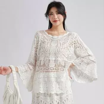 DIMANAF 2025 Новая Летняя Базовая Рубашка Женская Блузка Летучая Мышь Топы Футболки Кружевная Свободная Белая Короткая Футболка One Size белый