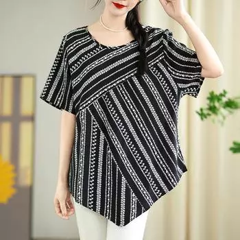 DIMANAF 2025 Новая летняя футболка больших размеров Женская с коротким рукавом Асимметричная Винтажная Свободная Топы Футболки Макси XL чёрный