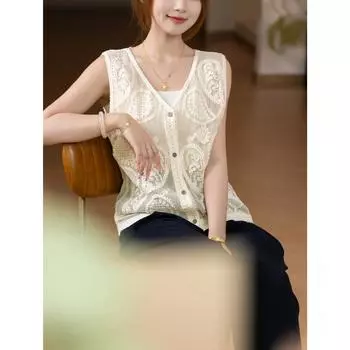 DIMANAF 2025 Новая Летняя Футболка Пуговицы Женский Базовый Вязаный Кружевной Жилет Без Рукавов Ажурный Стиль Топы Свободные one size бежевый