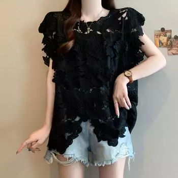 DIMANAF 2025 Новая летняя футболка женская базовая вязаная кружевная майка без рукавов ажурные топы свободного кроя One Size чёрный