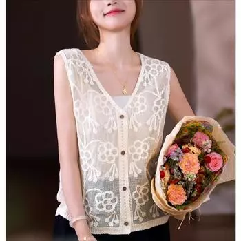 DIMANAF 2025 Новая летняя футболка женская базовая вязаная на пуговицах жилет без рукавов ажурный стиль топы свободные one size бежевый