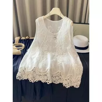 DIMANAF 2025 Новая летняя футболка женская базовая вязаная кружевная майка без рукавов ажурные топы свободного кроя one size белый