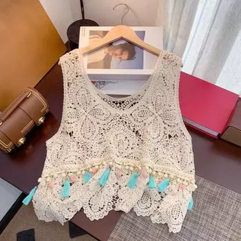 DIMANAF 2025 Новая летняя футболка Женский вязаный жилет с кисточками и кружевом Без рукавов Ажурный стиль Базовые топы Свободный One Size бежевый