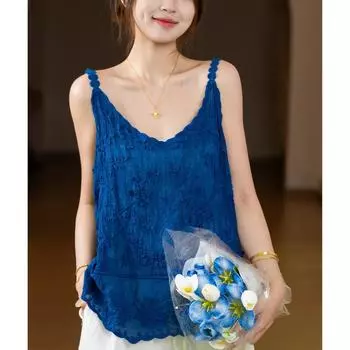 DIMANAF 2025 Новая летняя майка-футболка женская базовая вязаная без рукавов ажурного стиля белая синяя топы свободные One Size