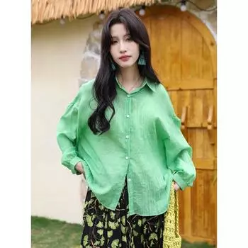 Dimanaf 2025 Новая летняя рубашка на пуговицах Женская блузка Однотонная с длинным рукавом Модные топы Футболки Повседневные Свободные Зеленые футболки One Size