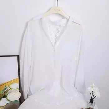 DIMANAF 2025 Новая Летняя Рубашка на Пуговицах Женская Кружевная Блузка Вышивка Длинный Рукав Модные Топы Футболки Повседневные Свободные Зеленые Футболки One Size белый